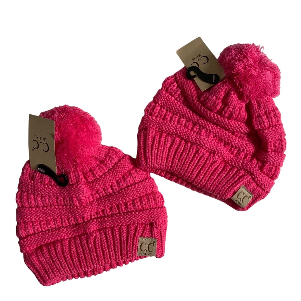 CC Kids Pom Pom Hot Pink Beanies NWT Stocking Cap Chunky Slouchy Baggy Stylish